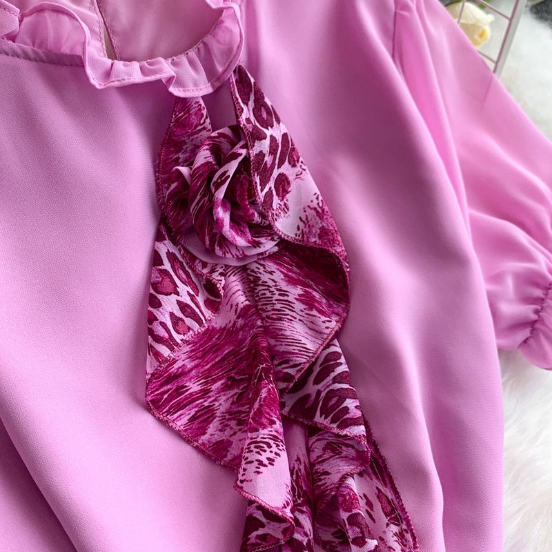 Completo due pezzi da donna con stampa leopardata, aderente, a vita alta, con scollo rotondo, manica a sbuffo, motivo floreale tridimensionale e temperamento retrò_voghion.com