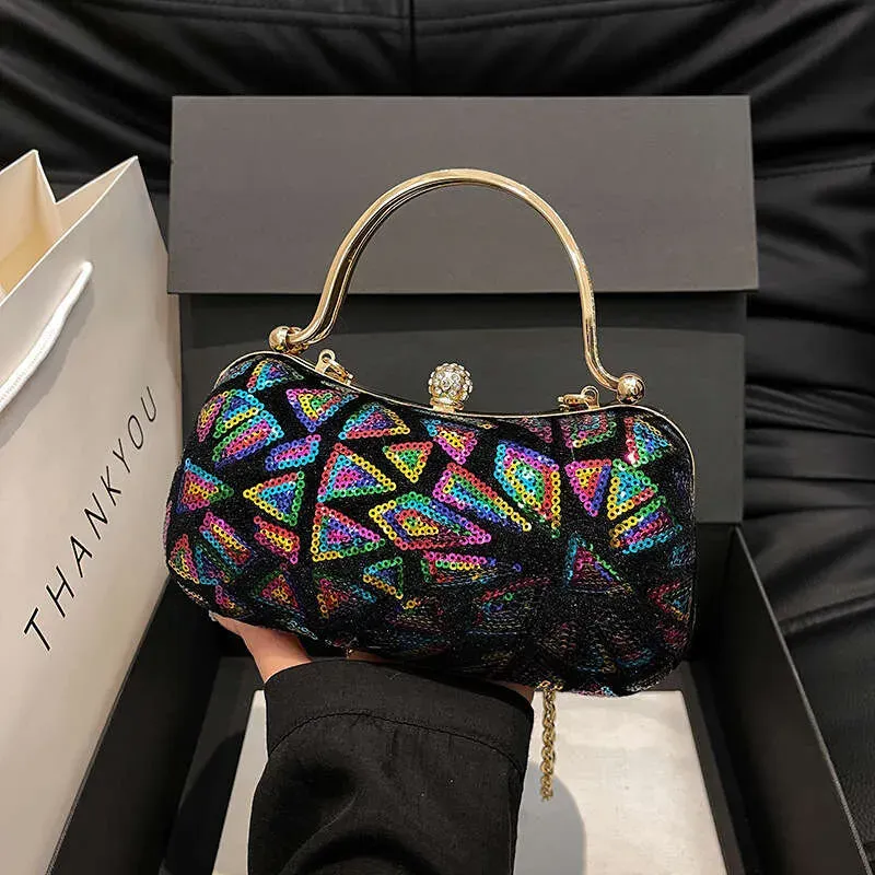 Sequin Evening Patchwork Round Handbag With Shell Clasp 2025 New Trendy Chain Crossbody Small Bag_voghion.com