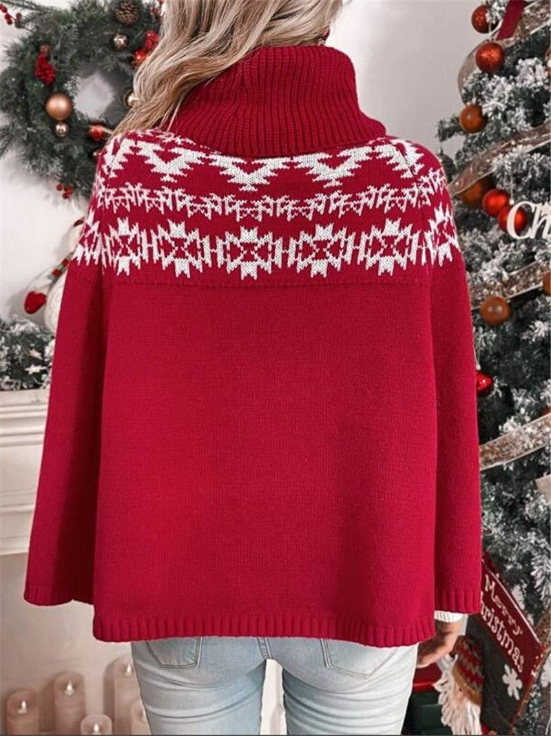 Geografisch gebreide kersttrui met kaapmouwen en poinsettia-coltrui voor dames_voghion.com