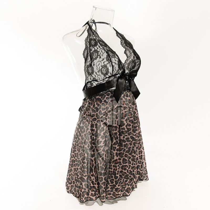Set di perizoma e camicia da notte con papillon in rete con stampa leopardata, sexy e di alta qualità, di marca europea e americana._voghion.com