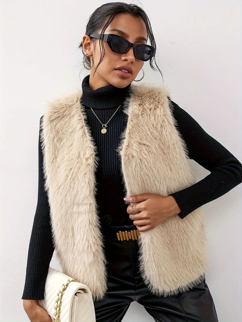 Women's Clothing Women's Solid Faux Fur Vest Sleeveless Winter Coat Non-Stretch Button Front Vest W0125_voghion.com