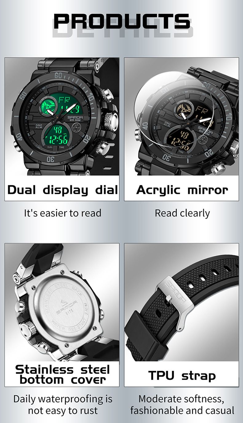 Stijlvolle multifunctionele digitale analoge herenhorloge met dubbel display, alarm, stopwatch, waterbestendig, lichtgewicht luxe design waterdichte horloges_voghion.com