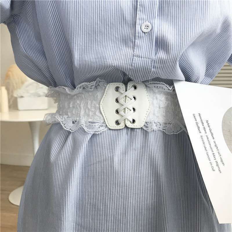 Cinto elástico decorativo estilo coreano para mulheres, faixa de renda na cintura, moda larga_voghion.com