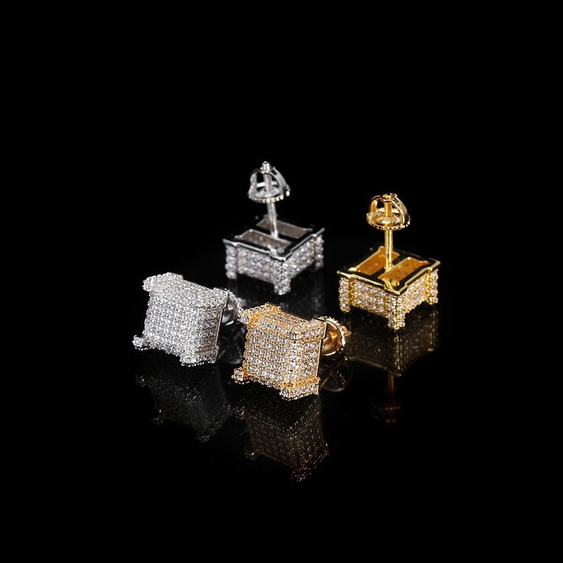 Orecchini a bottone Hip Hop con zirconi quadrati e chiusura a vite per uomo e donna - Design geometrico minimalista - Opzioni in oro e oro bianco_voghion.com