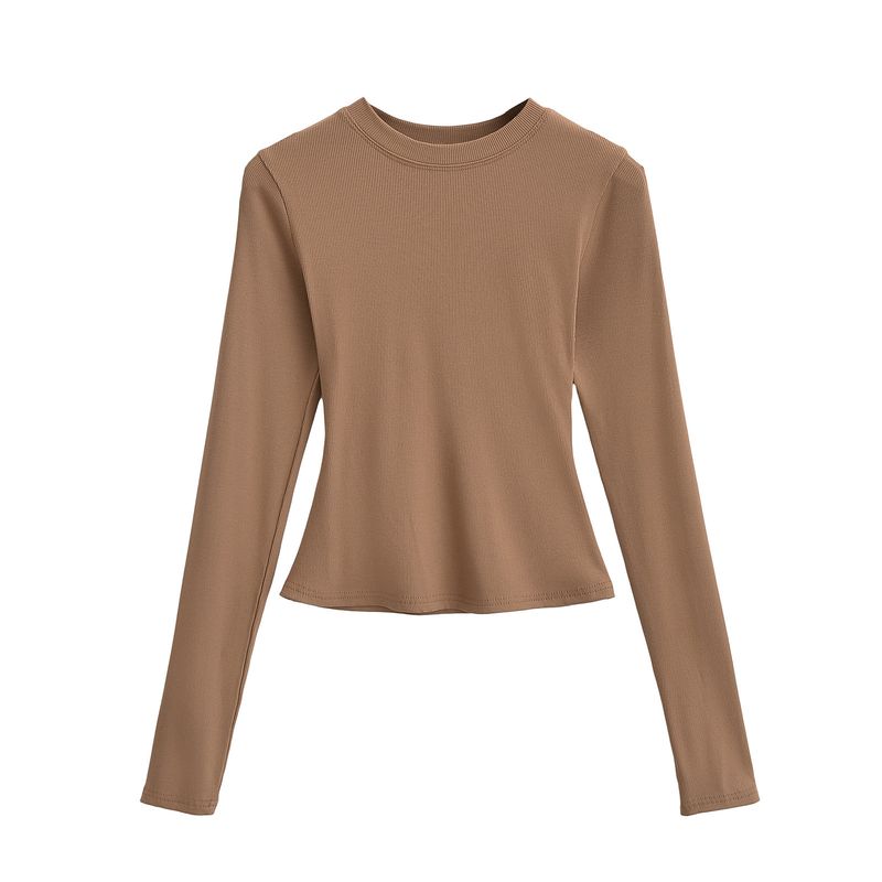 Kim Kardashian Kento Round Neck Base Shirt For Women's Sring Tight Fitting T-shirt Long Sleeved Slim Fit Solid Color_voghion.com