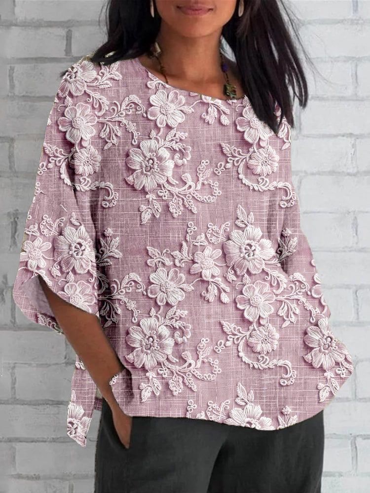 Women's Clothing Flower Elements Bamboo Linen Large Round Neck Drop Shoulder Loose Three Quarter Sleeve T_voghion.com