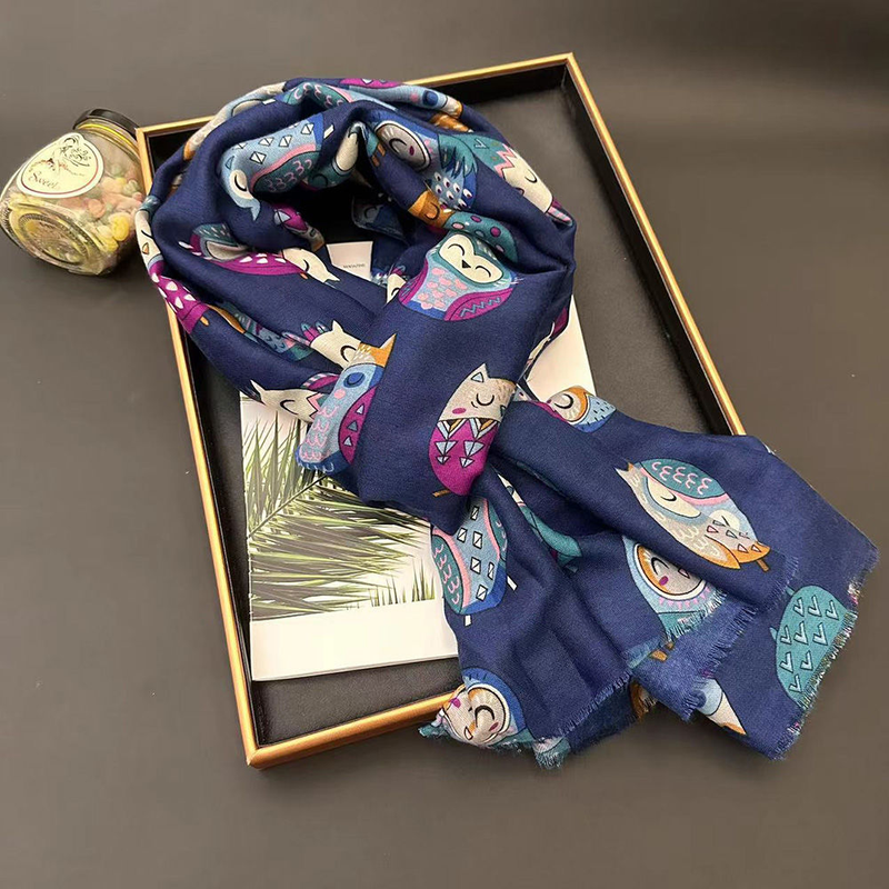 Nuova sciarpa in lino e cotone dal design originale femminile con gufo, protezione solare senior, scialle a sezione sottile, telo mare da viaggio primaverile ed estivo_voghion.com
