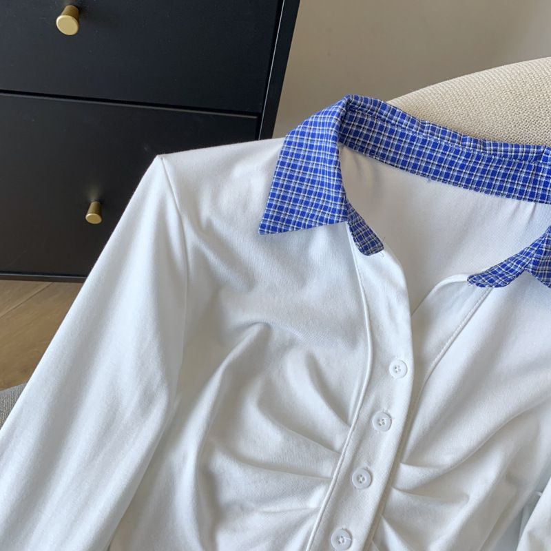 Maglietta a maniche lunghe con colletto polo da donna, nuova primavera, versatile, a quadri con pieghe e colori a contrasto_voghion.com