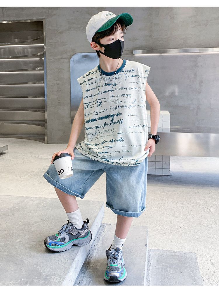 Roupas infantis para meninos, colete de verão com letras, terno para crianças de médio e grande porte, shorts jeans, terno de duas peças_voghion.com