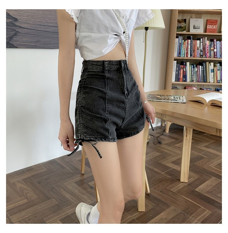Strap and drawstring denim shorts for women's summer thin high waisted design, niche elastic slim fit straight leg_voghion.com
