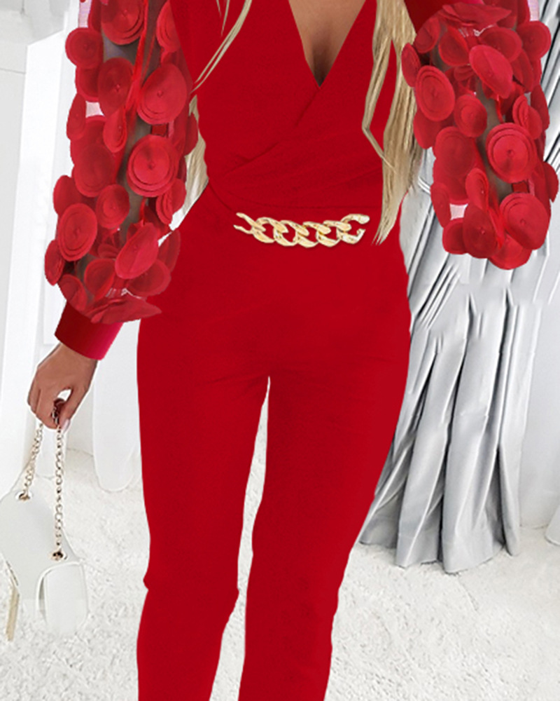 Damen-Jumpsuit mit V-Ausschnitt und Mesh-Spleißen_voghion.com