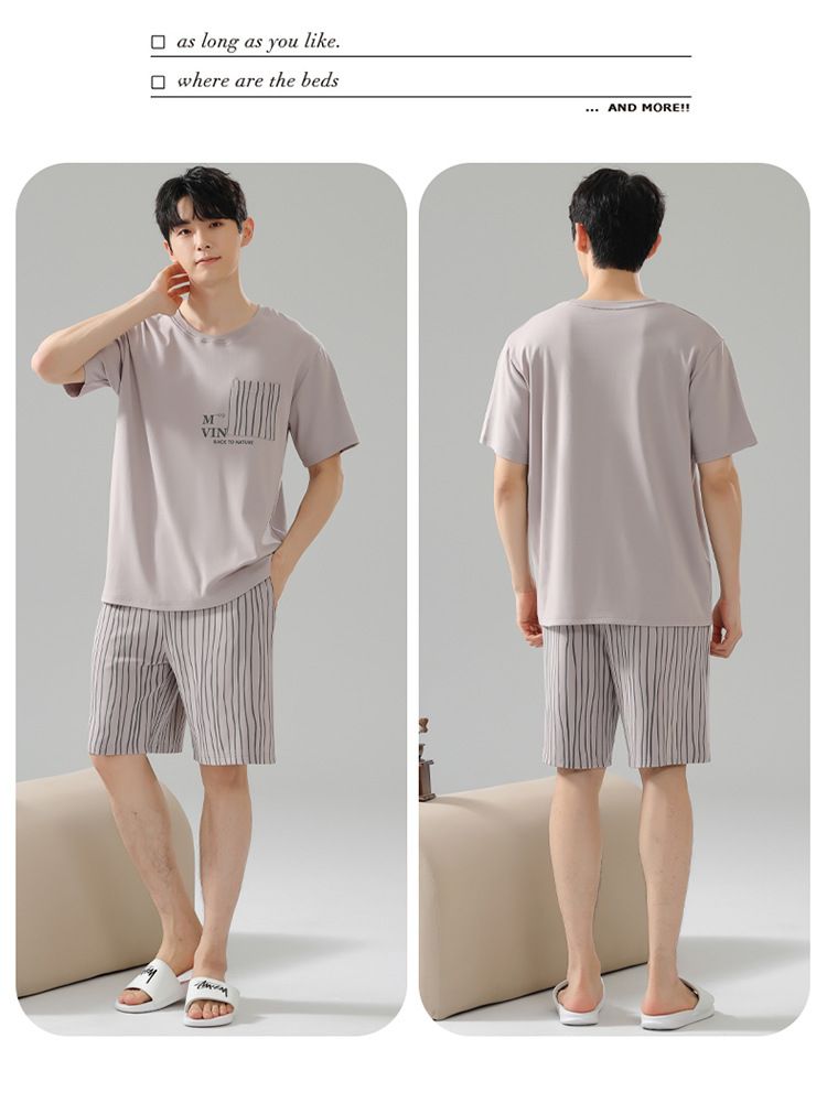 Sommerpyjama Herren Reine Baumwolle Dünn Schlichte Lässige Oberbekleidung Rundhals Pullover Kurzarm Shorts Baumwolle Heimkleidung Set_voghion.com