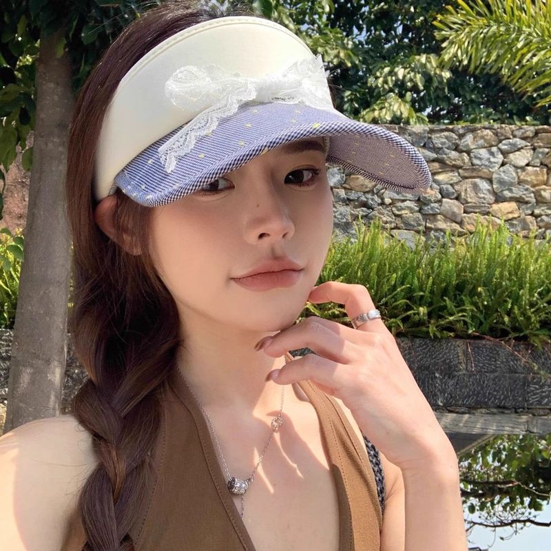 Korean Version Ins Sweet Bow Polka Dot Duck Tongue Visor Women's Summer Sunscreen Empty Top Hat Big Head Circumference Hat Tide_voghion.com