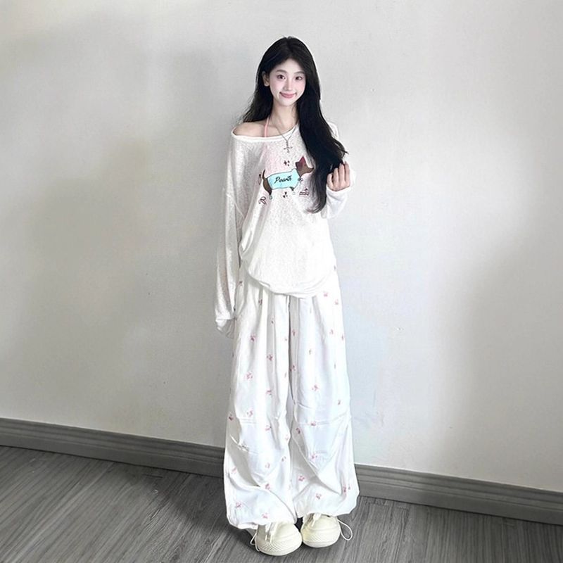 001 Abito casual ampio in stile coreano per donna, primavera e autunno, puro desiderio, camicetta trasparente super bella, gamba larga, lunga_voghion.com