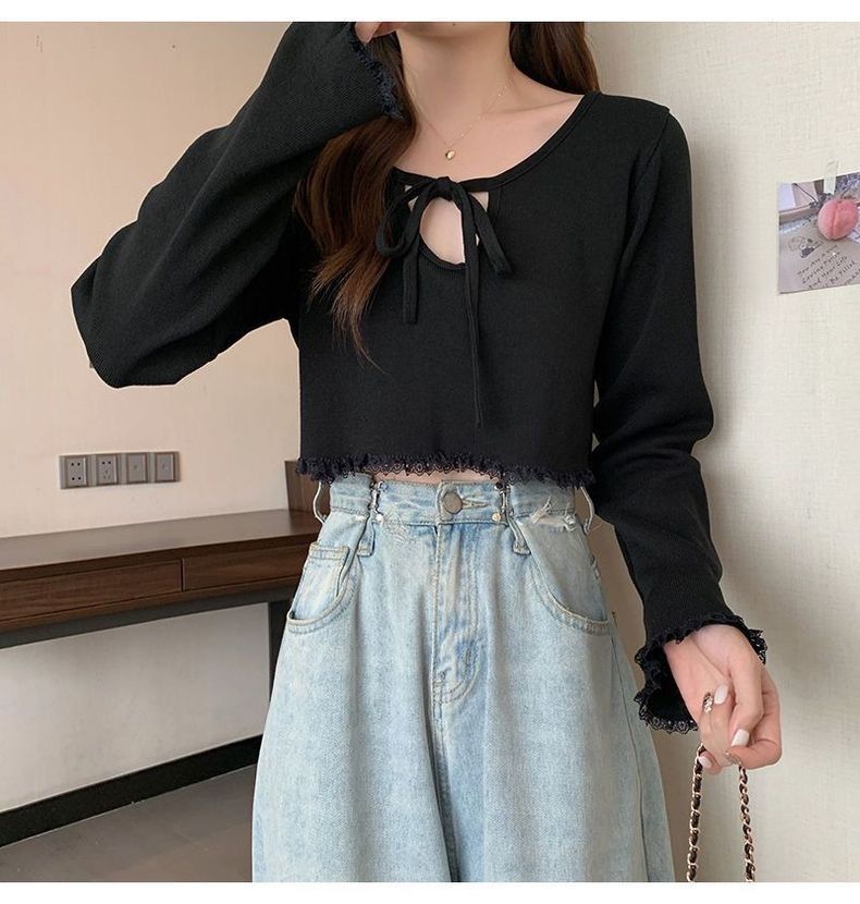 Elegant and lace V-neck long sleeved t-shirt for women, 2024 autumn new collection with strap design, niche slim fit top_voghion.com