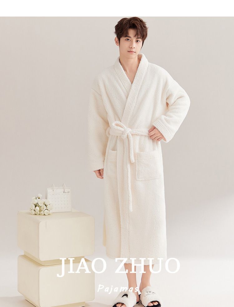 Camicia da notte in pile corallo, pigiama da uomo in pile spesso, accappatoio lungo in flanella da uomo_voghion.com