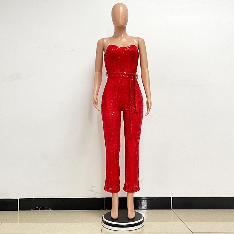 Dametøj Ærmeløs pailletterbæltejumpsuit ensfarvet tubetop rygløs jumpsuit_voghion.com