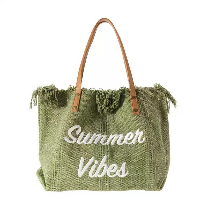 Borsa a mano in tela con lettere ricamate, grande capacità, borsa a tracolla da spiaggia intrecciata da donna_voghion.com