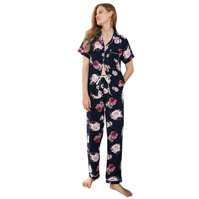 Pyjama Dames Zomer Plantenprint Korte Mouw Shirt Lange Broek Tweedelige Set Huiskleding Pamas_voghion.com