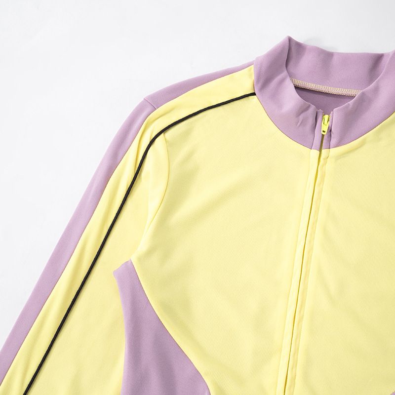 Abbigliamento da donna, linea autunno e inverno, pantaloni a vita alta con elastico in corda, senza colletto, con cerniera, in colori a contrasto_voghion.com