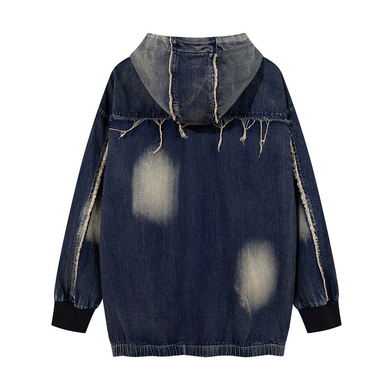 Men's Clothing New High Street Trendy Brand Denim Hoodie Wasteland Style Washed Splicing Hooded Sweatshirt_voghion.com