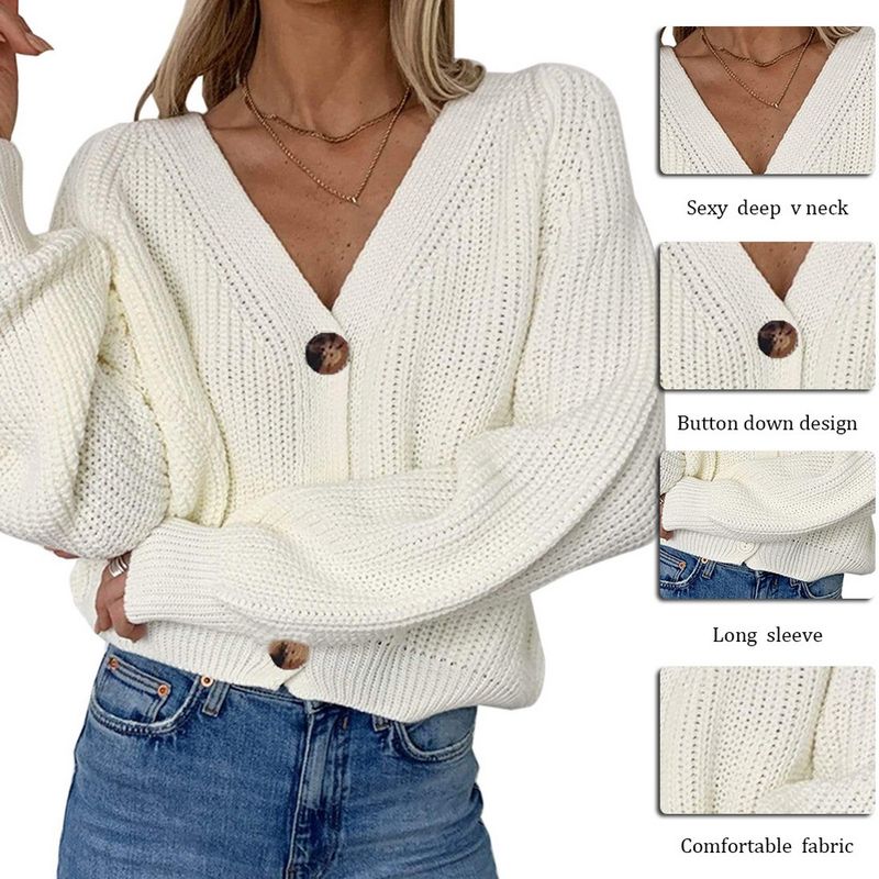 Suéter cárdigan de punto de otoño para mujer: abrigo abierto con cuello en V suave y botones delanteros, mangas farol holgadas, ropa informal y de oficina versátil._voghion.com
