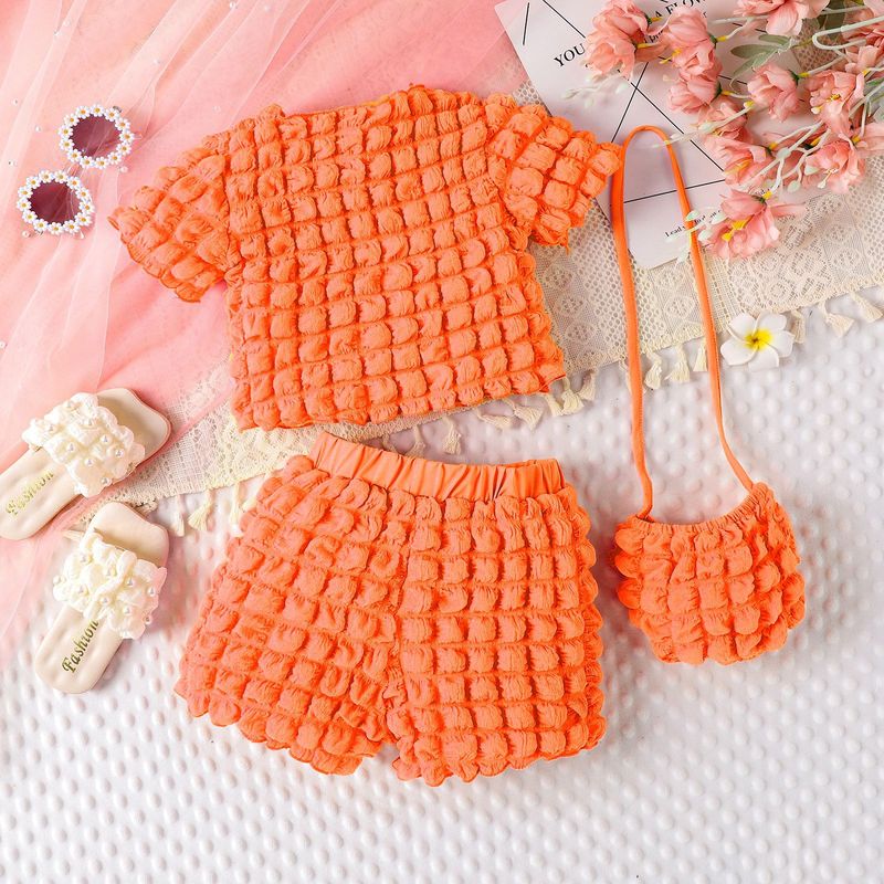 Ensemble d'été pour enfants, haut à manches courtes + short + sac à carreaux à bulles solides, couleur bonbon, ensemble pour filles_voghion.com
