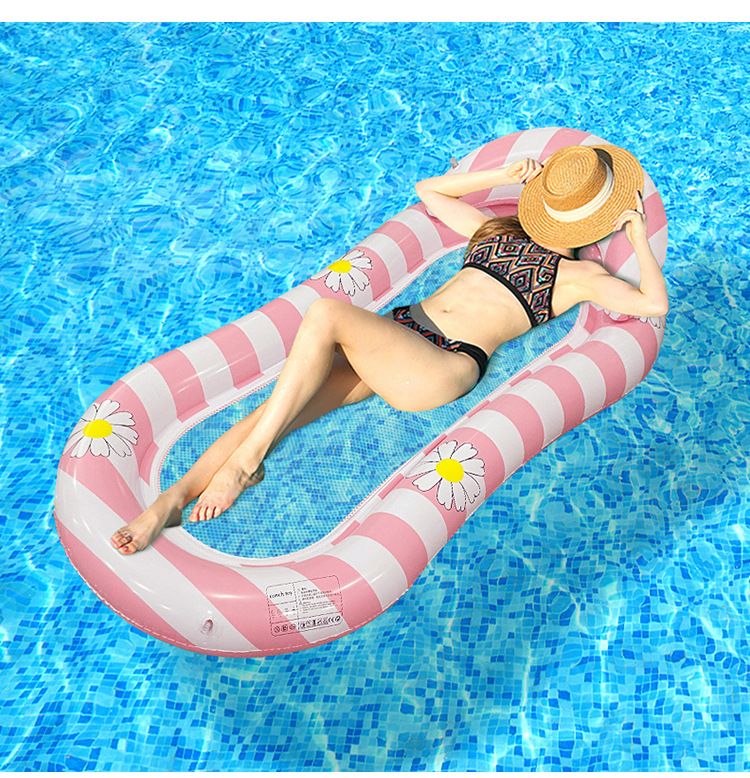 Single Person Daisy Stripe Inflatable Lounger - Breathable Mesh & Thickened PVC (Eco-Friendly Foldable For Pool & Beach 150cm Lightweight Design)_voghion.com