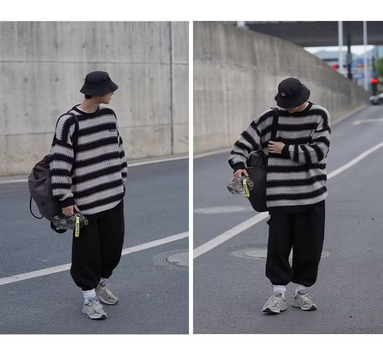 Japanese striped men's winter trend loose fitting pullover long sleeved knitted lazy style thick woolen sweater jacket_voghion.com
