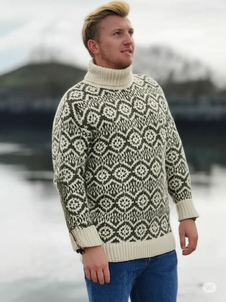 Maglione retrò Fair Isle a collo alto da uomo - Pullover oversize in maglia con motivi geometrici_voghion.com