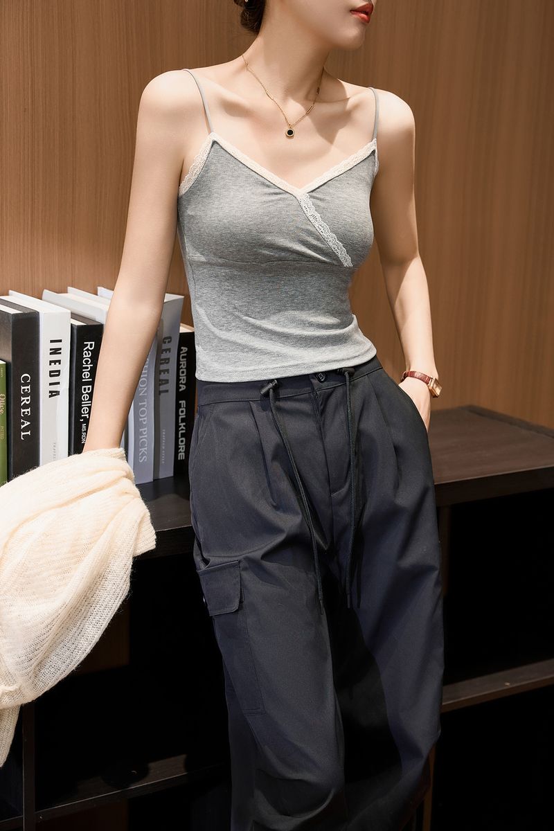 #Lyocell Zhen Quality # Canotta estiva da donna in pizzo con scollo a V e spalline sottili, vita alta, sexy, interno/esterno_voghion.com