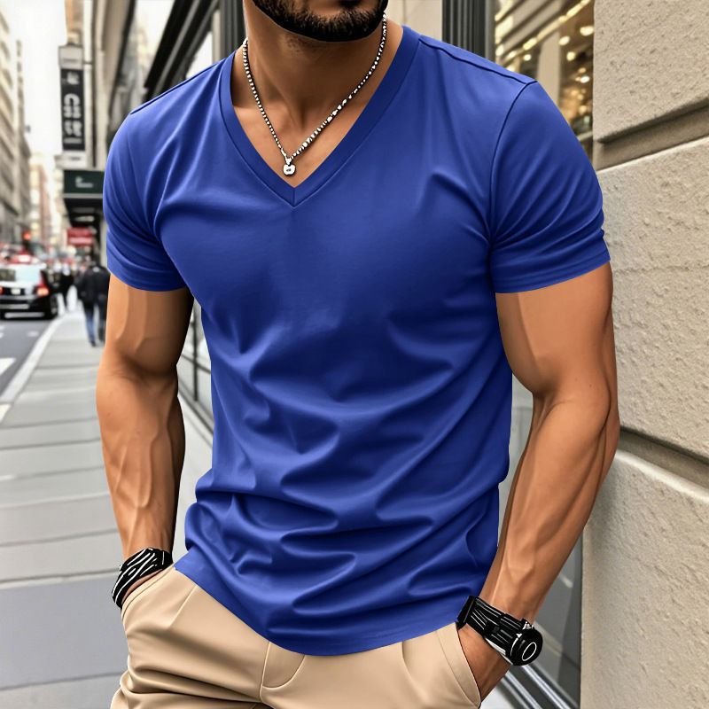 Herrenbekleidung T-Shirt Einfarbig V-Ausschnitt Kurzarm Sommer Neue Große Größe Trend Tops_voghion.com
