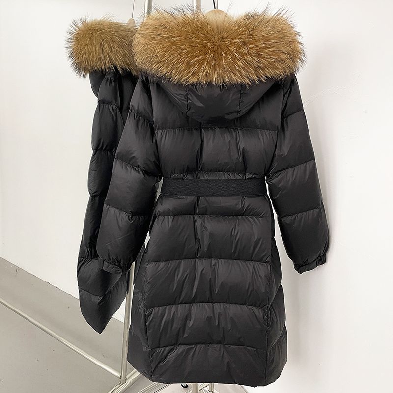 Cappotto lungo da donna con cappuccio e bordo in pelliccia staccabile, 90% piumino d'anatra bianca, caldo soprabito invernale per donna_voghion.com