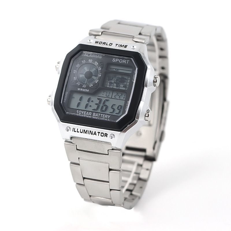 Orologio elettronico luminoso alla moda quadrato piccolo impermeabile da uomo con cinturino in acciaio per sport all'aria aperta_voghion.com