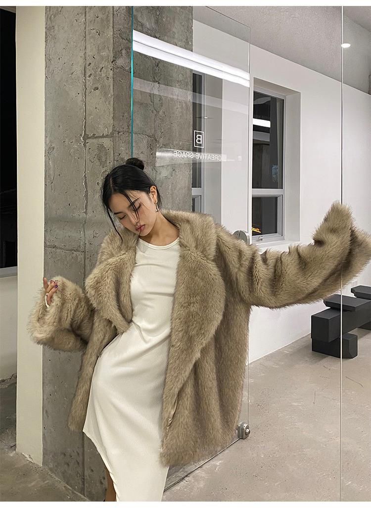 Women's Clothing Luxury Faux Fox Fur Coat Women's Longline Casual Oversized Lapel Plush Jacket - Coffee Tip / White With Yellow Tip_voghion.com