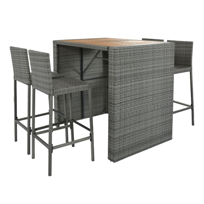 5-pieces Outdoor Patio Wicker Bar Set, Bar Height Chairs With Non-Slip Feet And Fixed Rope, Removable Cushion, Acacia Wood Table Top_voghion.com