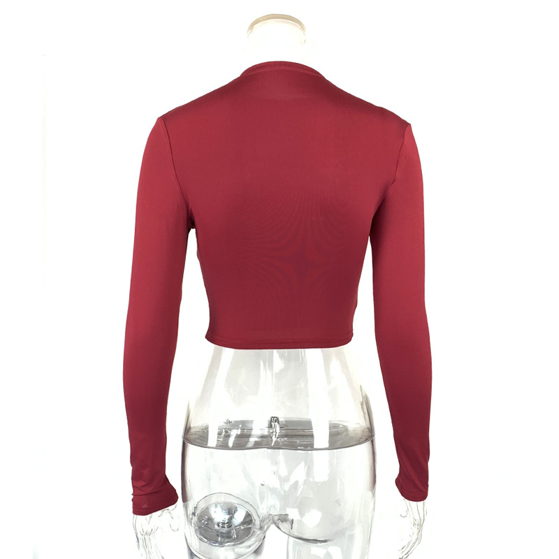 Maglietta da donna a tinta unita sexy attillata senza collo a maniche lunghe con collo a mezza altezza_voghion.com