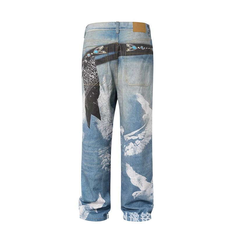 Men's Clothing American High Street Men's And Women's Distressed Trousers, Unisex Graffiti Hand Painted Belt Print Washed Jeans Trend_voghion.com