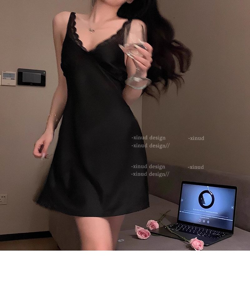 Camicia da notte sexy, delicata sulla pelle, con fiocco in seta ghiacciata, con bretelle in pizzo dolce, comoda e morbida, per il desiderio puro del vento_voghion.com