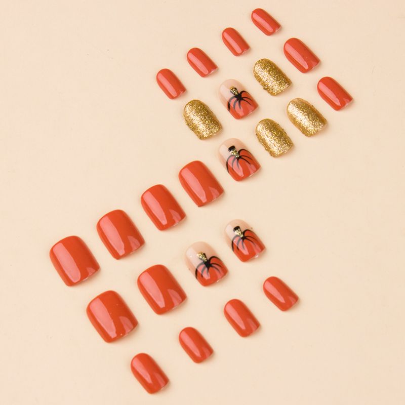 Unghie finte corte quadrate effetto press on per Halloween - Design a forma di zucca con glitter lucidi e strass, kit da 24 unghie finte con colla e lima (LC177)_voghion.com