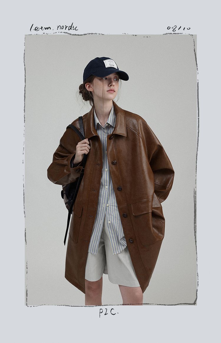 2024 Spring and Autumn Mid length Jacket Oversize Heavy Industry Comes with Texture Oil Wax Leather Sleeve Top T_voghion.com