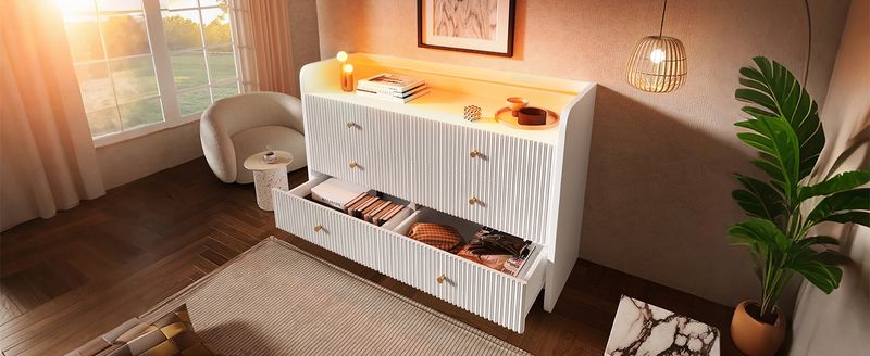 Buffet avec éclairage LED et 6 tiroirs, design ondulé moderne pour salon et chambre, 120 x 40 x 75 cm, blanc_voghion.com