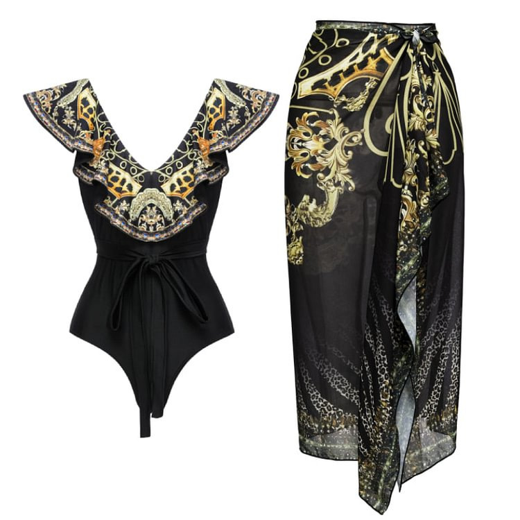 Maillot de bain une pièce imprimé Suspender noir doré pour femme_voghion.com