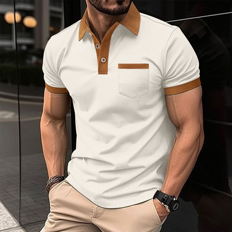 Men Waffle T Shirt Short Sleeve Button Top Casual Tee Lapel Neck Shirt Summer Men's Tee Hombre Fashion Customs_voghion.com