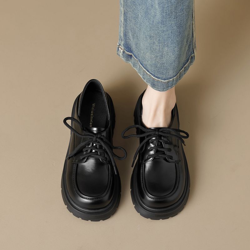 Platform Loafers Women's Laces, One Pedal And Two Single Shoes, Black Retro Small Leather Shoes._voghion.com