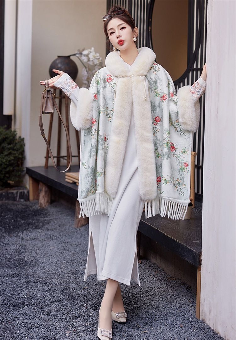 Woolen collar tassel shawl with wool thickened national style cloak hooded woolen coat woman_voghion.com