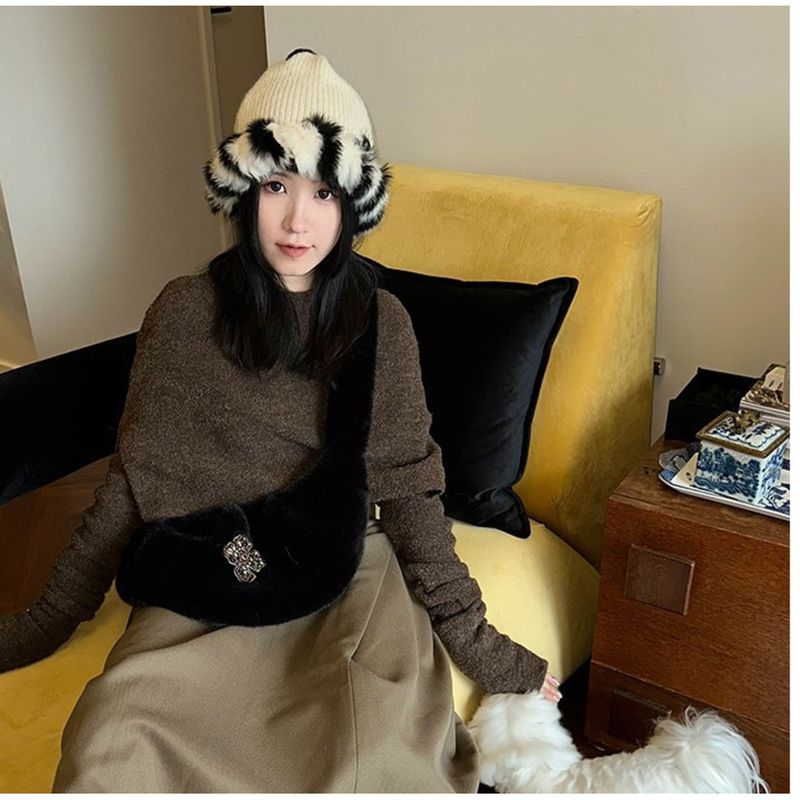 Duży pluszowy kapelusz damski, uroczy kapelusz w kształcie kuli dla dziewczynek na jesień i zimę, wyszczuplający dzianinowy kapelusz_voghion.com