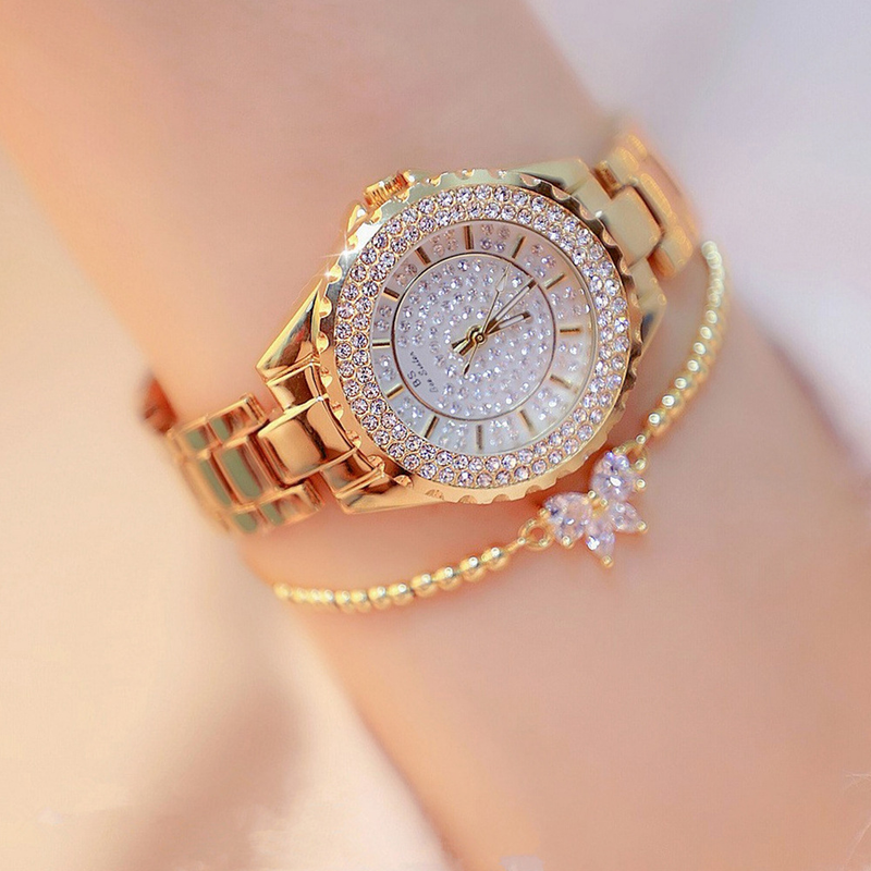 Reloj de mujer con esfera superbrillante y reloj de cuarzo con incrustaciones de diamantes + versátil pulsera de cuentas para mujer con lazo con incrustaciones de diamantes_voghion.com