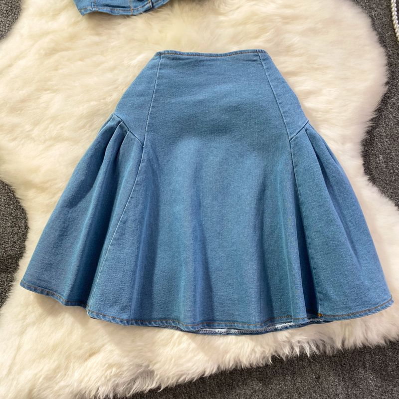 Conjunto de moda para mujer, estilo coreano, chaleco vaquero sin tirantes, de dos piezas, cintura alta, adelgazante, falda acampanada_voghion.com