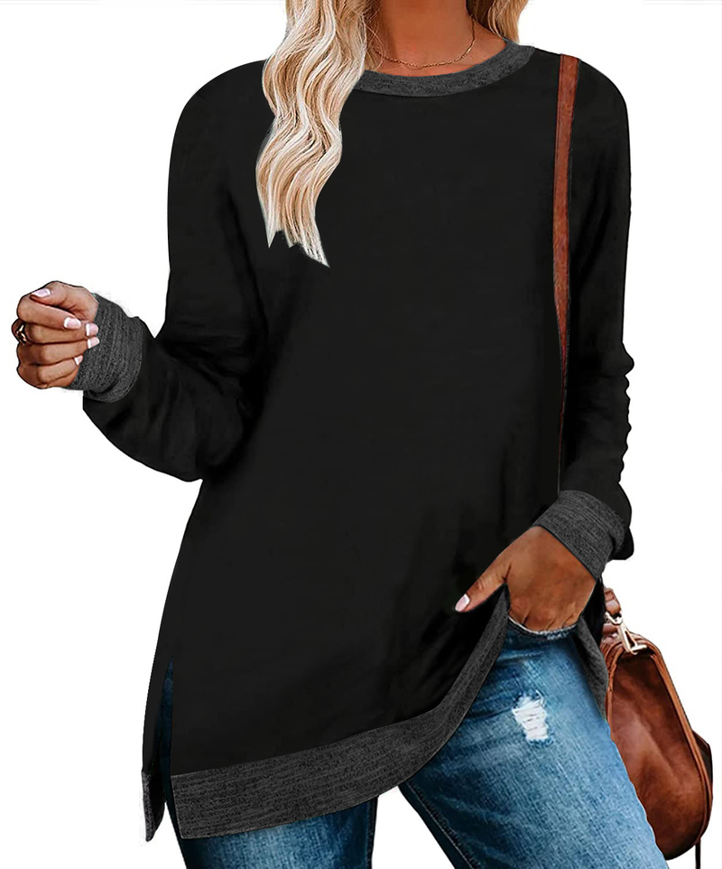 Women's Casual Long Sleeve Round Neck Color Block Split Hem Loose Fit T-Shirt - Breathable Cotton Blend Fabric, Comfortable Oversized Top_voghion.com